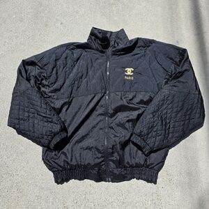 Vintage Black Bomber Jacket with Gold Logo **NOT Made By Chanel**
